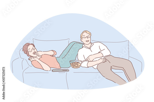 Movie night, media entertainment, indoor recreation concept. Happy couple watching TV together, cheerful girlfriend and boyfriend lying on sofa with popcorn, leisure activity. Simple flat vector