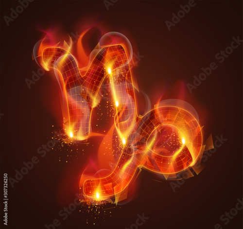 3d vector symbol on fire with smoke and sparks on a dark red background