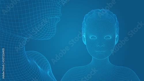 3d vector portrait of a beautiful young girl with hairstyle, set of angles on a blue background