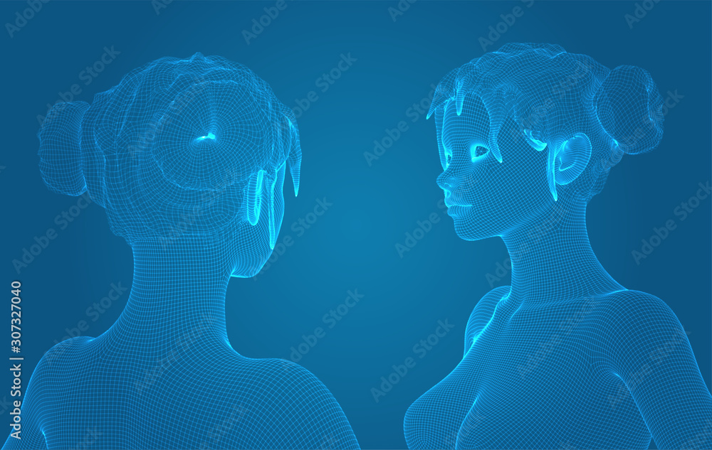 3d vector portrait of a beautiful young girl with hairstyle, set of angles on a blue background 3d vector portrait of a beautiful young girl with hairstyle, set of angles on a blue background