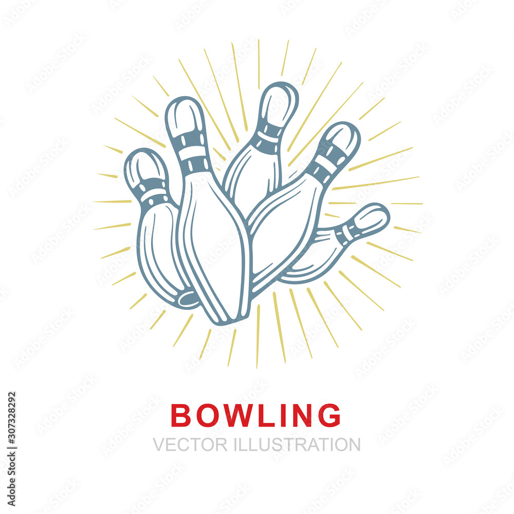 Bowling. Bowling pins with shining rays hand drawn vector illustrations set. Bowling pin sketch drawing. Part of set. 