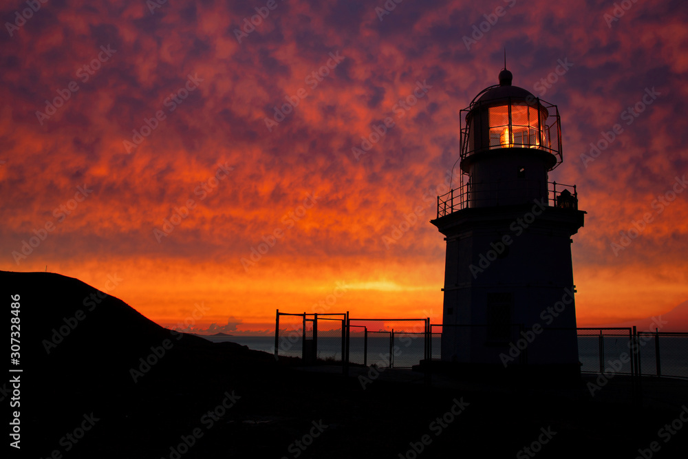 Silhouetted by a lighthouse against the sunset sky.