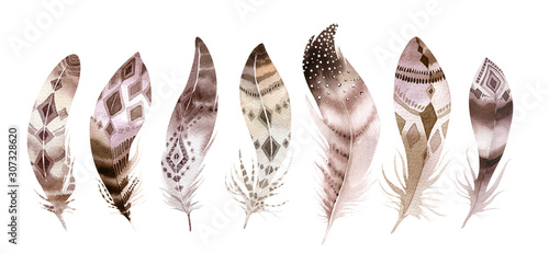 Hand drawn watercolor paintings vibrant feather set. Boho style wings. illustration isolated on white. Bird fly design for T-shirt, invitation, wedding card. Rustic Bright colors. © kris_art