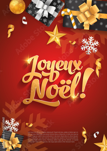 Joyeux Noel - Merry Christmas in french language red banner template glitter gold elements, snowflakes, stars and calligraphy
