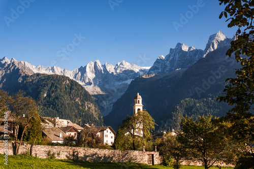 The Swiss Alps at sunset in the Bregaglia valley  near the village of Soglio  Switzerland - October 2019.