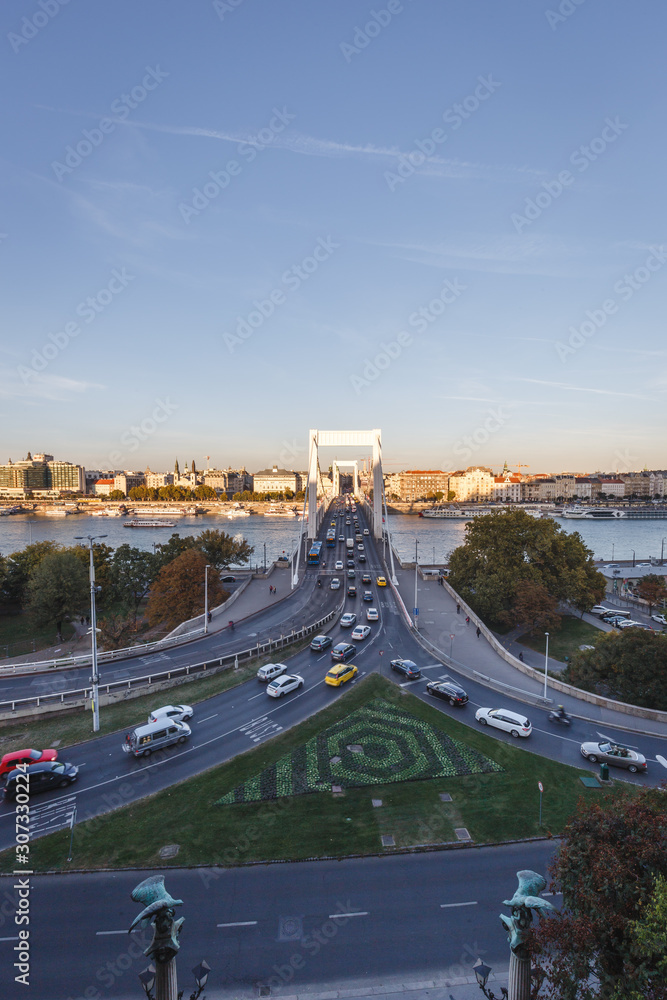Erzsebet hid, aerial view of Elisabeth Bridge and Danube River in Budapest
