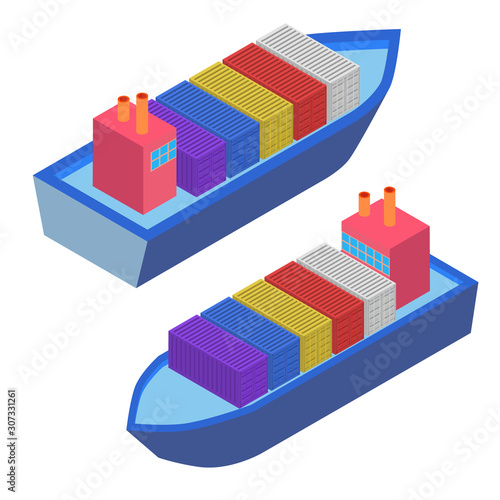 Isometric Cargo Ship with Container Flat Design. Delivery Service. Vector