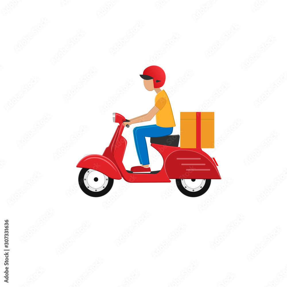 Motor scooter with driver. Fast delivery. The package. Vector illustration