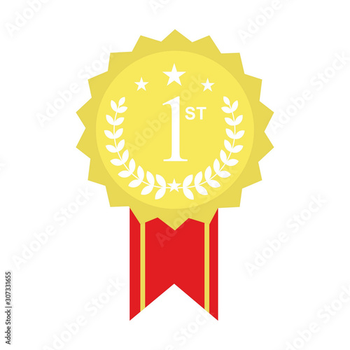 Award ribbon gold icon. Design winner golden medal prize. Symbol best trophy, success champion, one sport competition honor, achievement leadership, victory Vector illustration