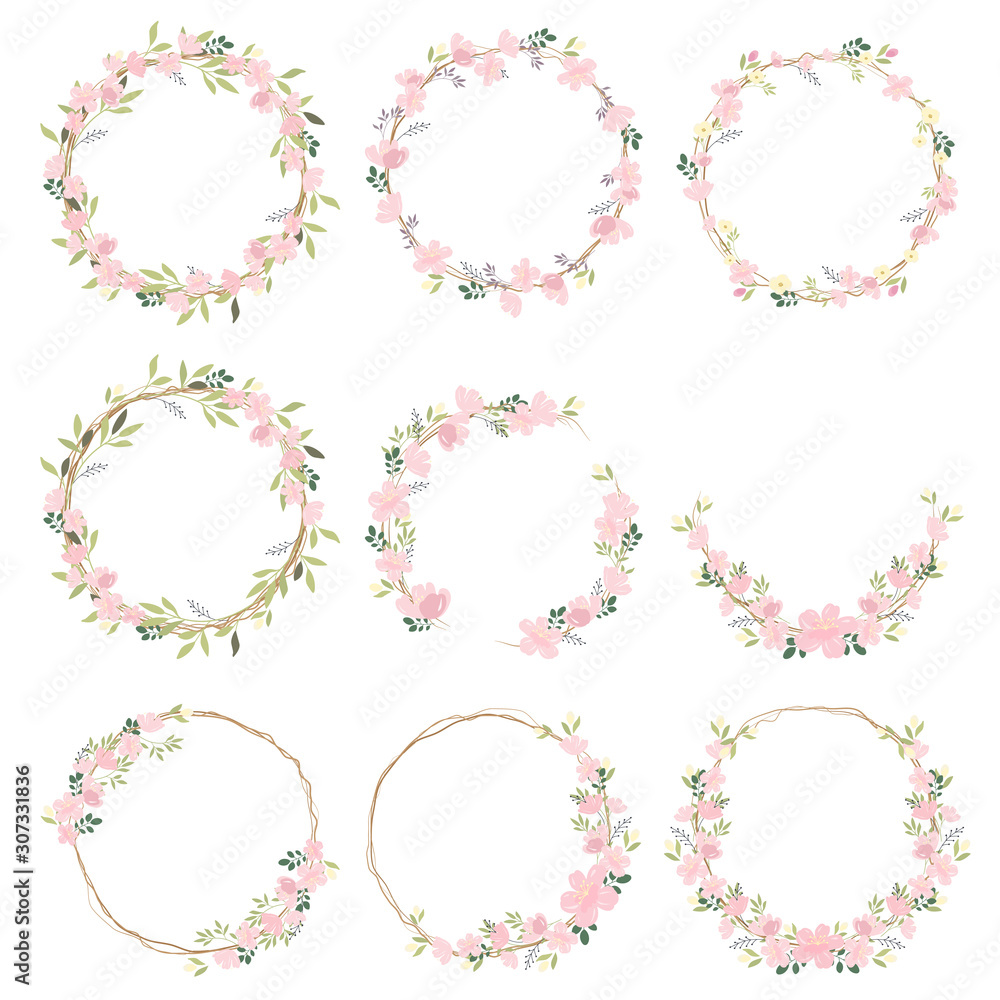 beautiful pink sakura or cheery blossom flower wreath collection eps10 vectors illustration