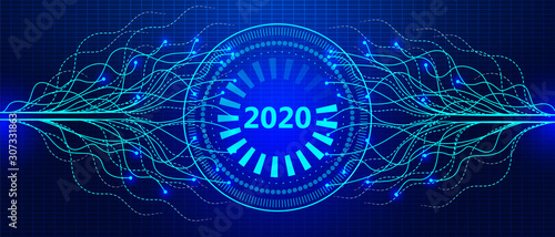 2020 New Year banner. Digital future waves in cyberspace with grid. AI technology and futuristic background vector for web.