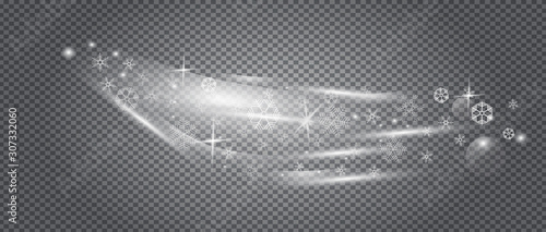 Snow is falling banner vector. Snowflakes and sparkles are flowing on transparent background. White snowballs for xmas and New year greeting cards