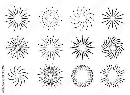 Starburst, firework shadow icon vector. Radiating from the center of straight and spiral beams, lines.