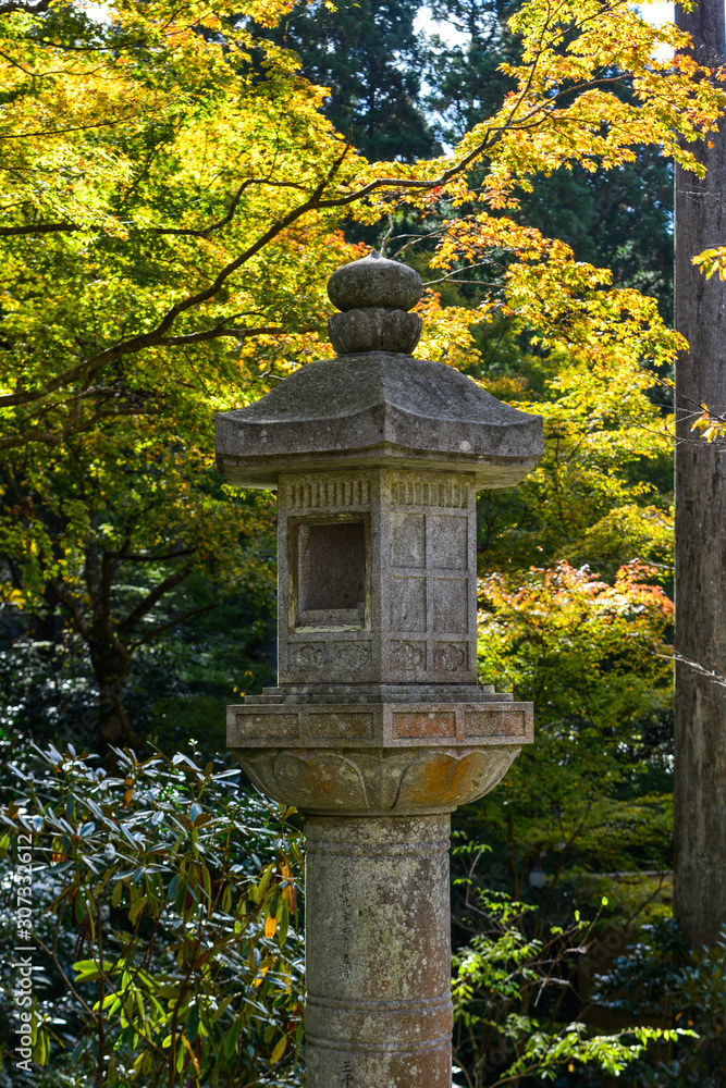 Japanese stone lantern at autumn garden