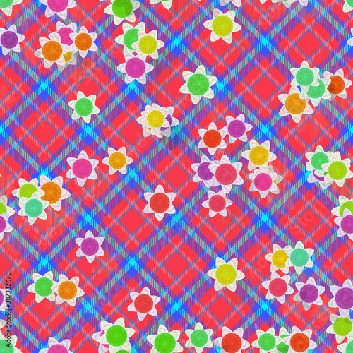 Decorative tartan pattern with stylized drawn flowers