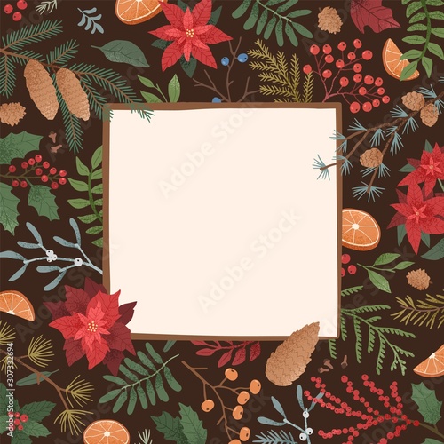 Winter holiday flat vector square background. Poinsettia, mistletoe, ilex, mountain ash, cones, spruce and coniferous branches border on black backdrop. Christmas botanical illustration.