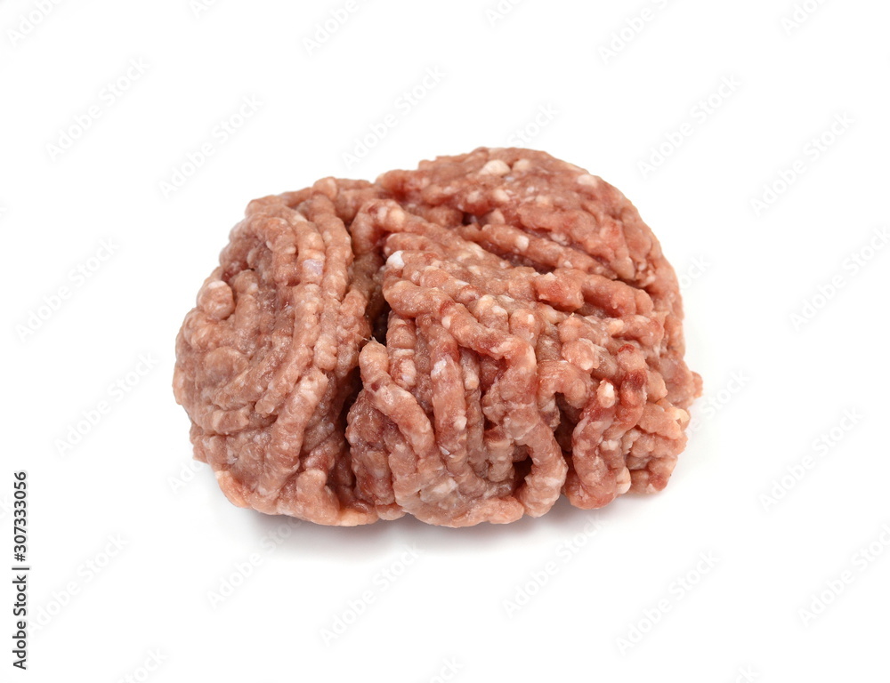 Minced meat, pork, beef, forcemeat, clipping path, isolated on white background. Raw ground beef meat in closeup on white background.