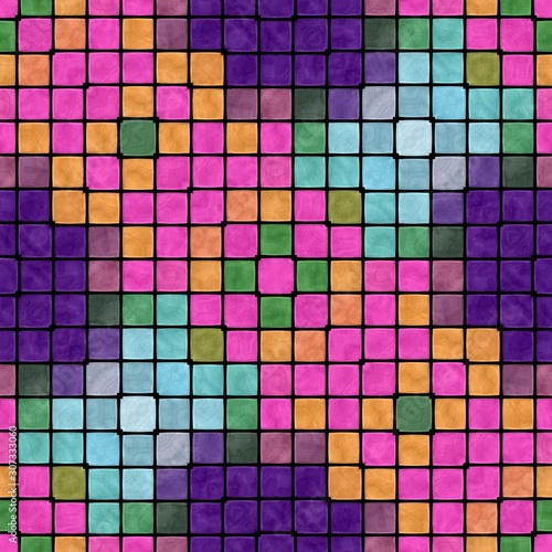 Creative colorful abstract mosaic seamless regular pattern in vivid purple pink orange green blue shades