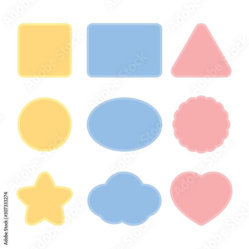 Blank cute colorful frames including square, rectangle, triangle, circle, ellipse, scalloped circle, star, cloud and heart shapes. Flat vector illustration.