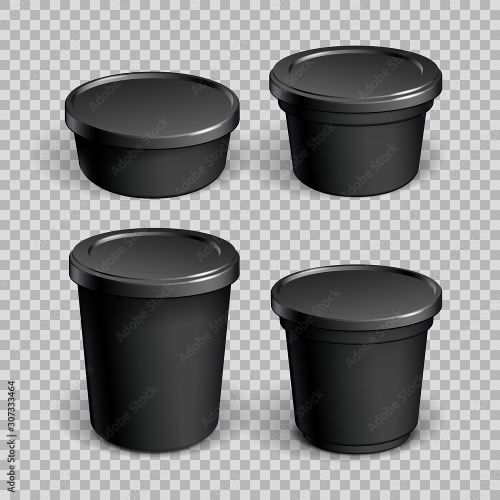 Set of mock up Black cups with plastic cover. Pattern in black and white on a transparent background. Vector illustration Set of mock up Black cups with plastic cover. Pattern in black and white on a transparent background. Vector illustration