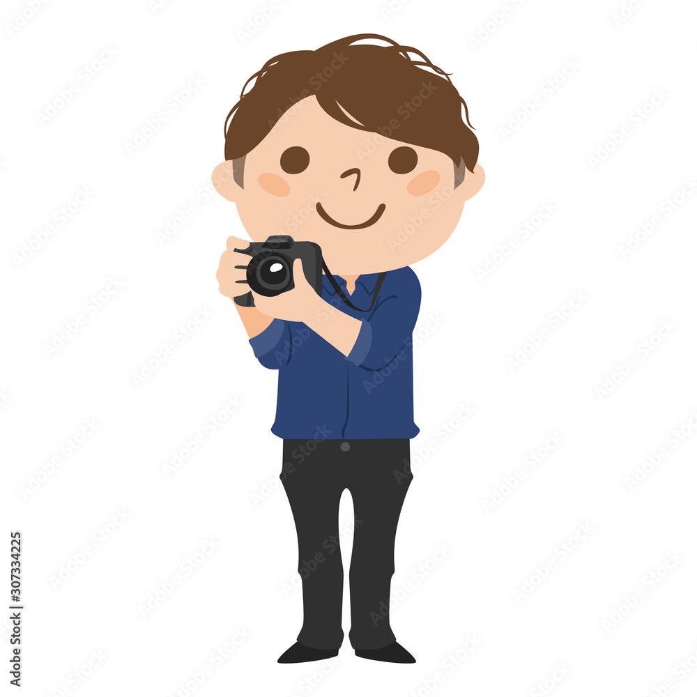 職業のイラスト。男性のカメラマン。笑顔で写真を撮っている男性。