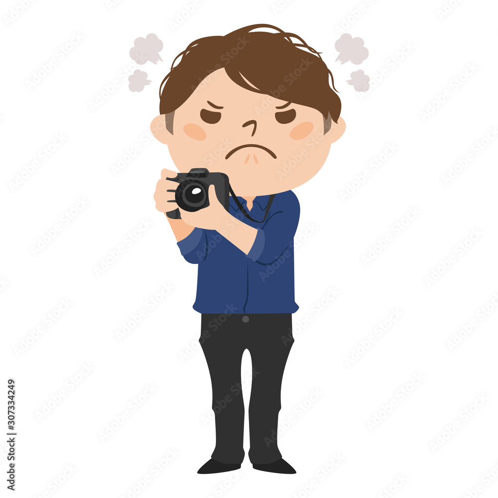 職業のイラスト。男性のカメラマン。怒っている男性。 職業のイラスト。男性のカメラマン。怒っている男性。