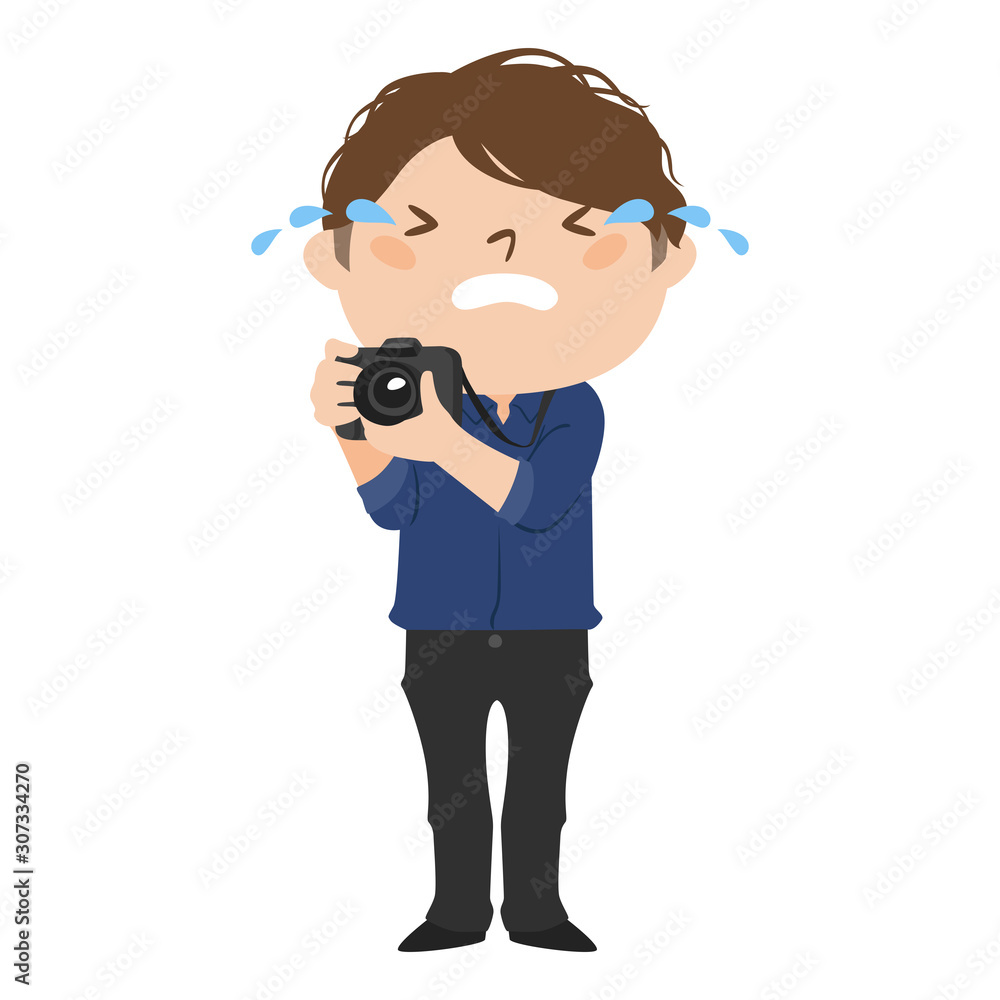 職業のイラスト。男性のカメラマン。涙を流して泣いている男性。 職業のイラスト。男性のカメラマン。涙を流して泣いている男性。