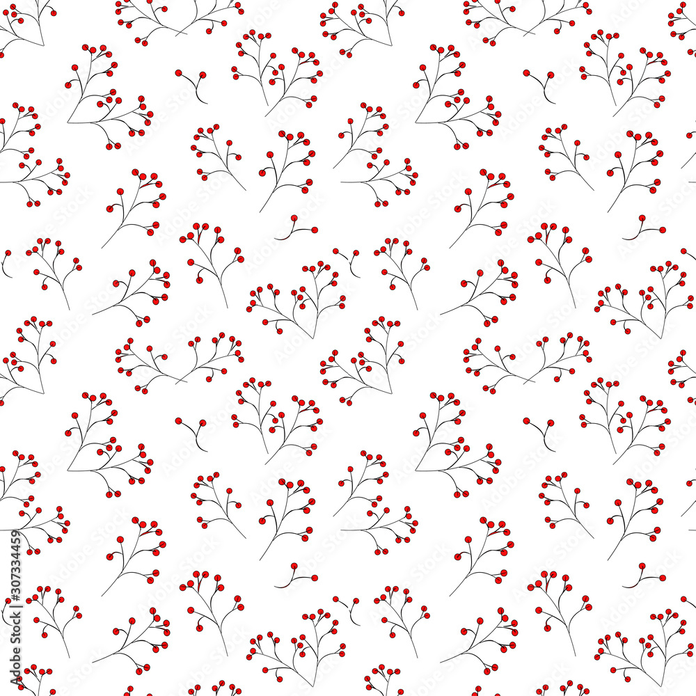  Seamless pattern: isolated red berries on a twig on a white background. vector. illustration