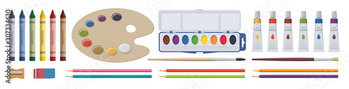 Stationery drawing set. School painting elements. Vector flat isolated illustration