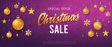 Christmas sale purple background banner or web header with glitter gold elements, snowflakes, stars and calligraphy