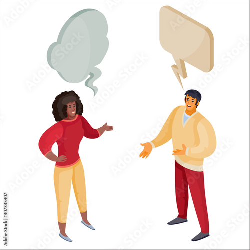3d isometry, man and woman are talking to each other above their head a cloud, dispute, isolated object on a white background, vector illustration