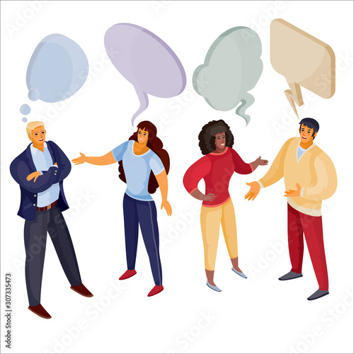 3d isometry, a set of men and women who are talking to each other above their heads a cloud, dispute, isolated object on a white background, vector illustration