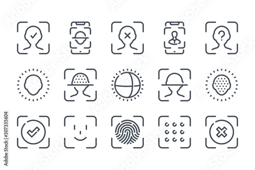 Face identification and recognition related line icon set. Technology scan access protection linear icons. Biometric authentication outline vector sign collection. photo