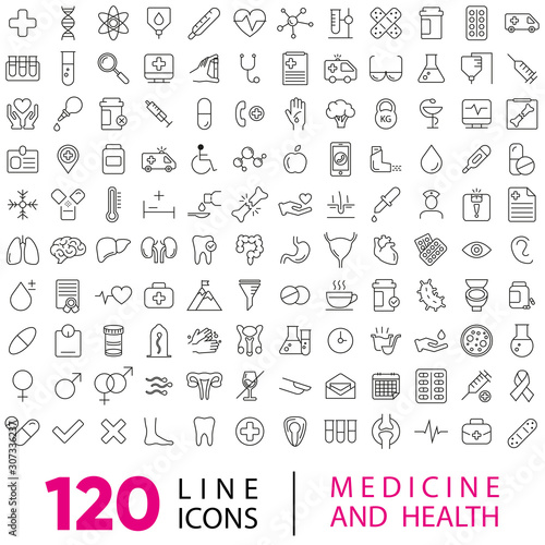 Set of 120 vector line icons and symbols in flat design medicine and health with elements for mobile concepts and web apps. Collection of modern medical and health life infographic logo and pictogram.