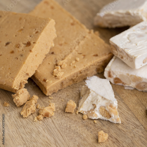 Two types of Turron or hard and soft  almond nougat. Traditional Christmas sweet consumed in Spain.