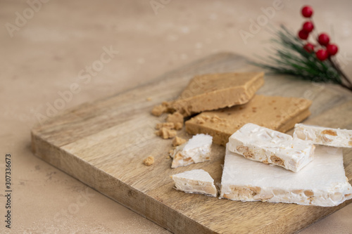 Two types of Turron or hard and soft  almond nougat. Traditional Christmas sweet consumed in Spain.