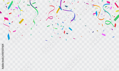 Celebration background template with confetti and colorful ribbons.