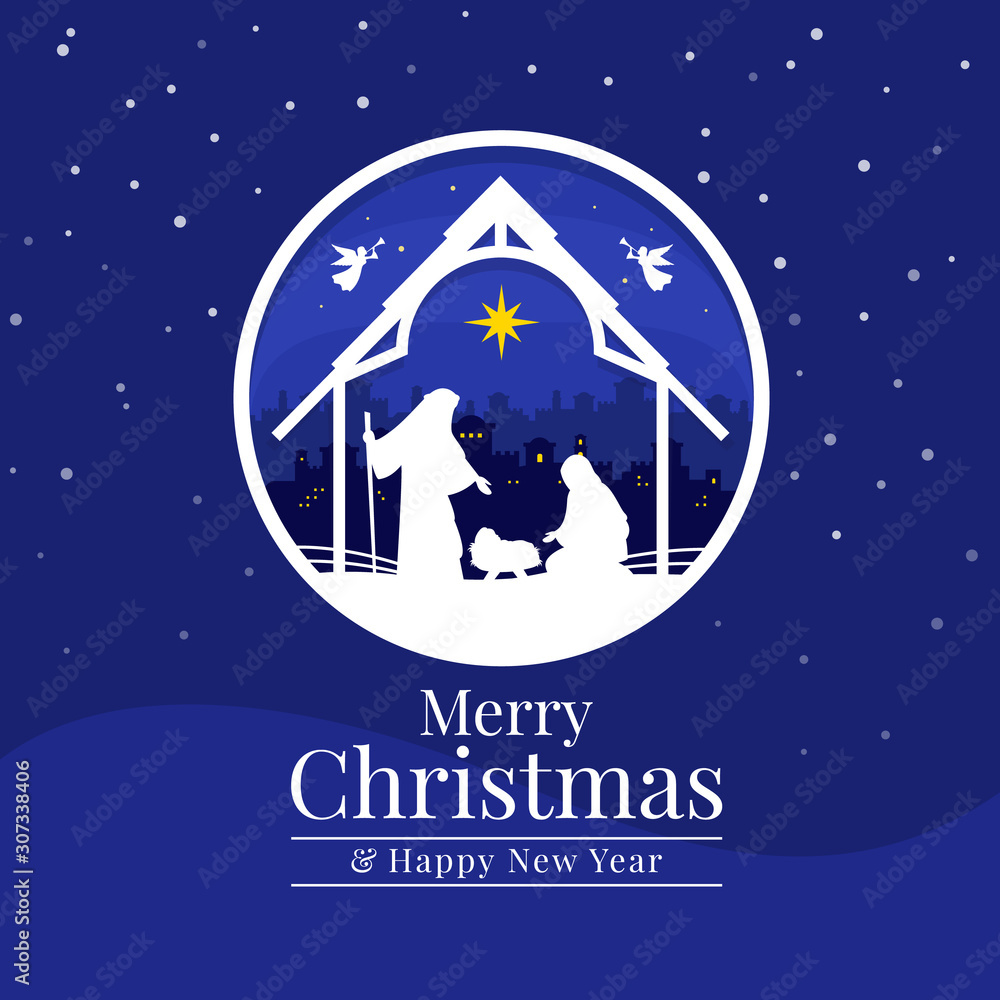 Merry christmas - Christmas the savior is born with Nightly christmas scenery mary and joseph in a manger with baby Jesus vector design