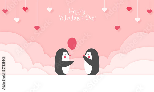 Happy Valentine's Day - Geschenkkarte, Süßer Pinguin schenkt anderem Pinguin einen Luftballon. Hintergrund in Papierschnitt, Wolken und Herzen hängen von der Decke Banner