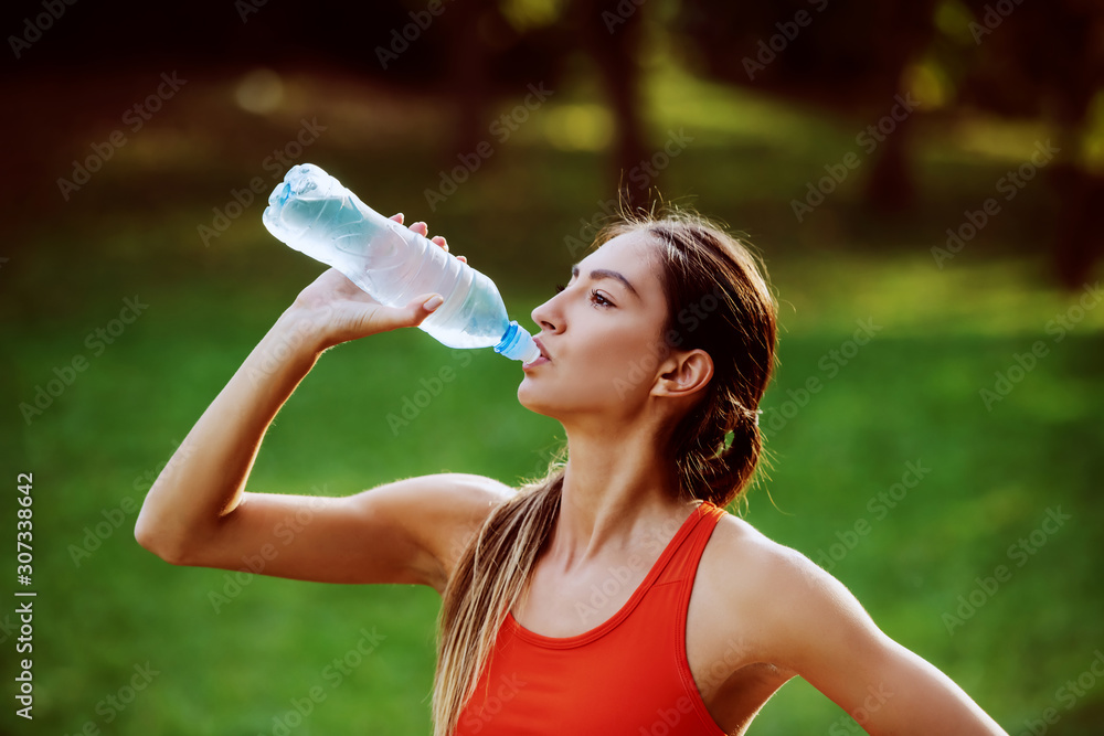 Attractive thirsty caucasian fit brunette in sportswear and with ponytail standing in nature and drinking water. Sunny day in nature. Attractive thirsty caucasian fit brunette in sportswear and with ponytail standing in nature and drinking water. Sunny day in nature.
