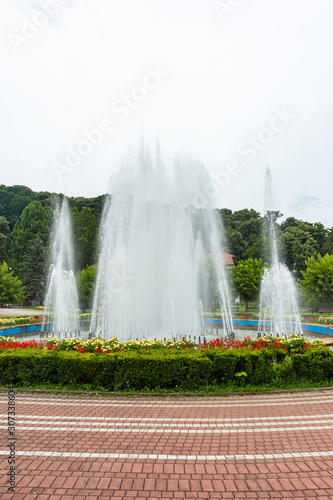 Loznica, Serbia - July 13, 2019: Medical wellness center Banja Koviljaca, Serbia. Beautiful fountain in center of Banja Koviljaca.