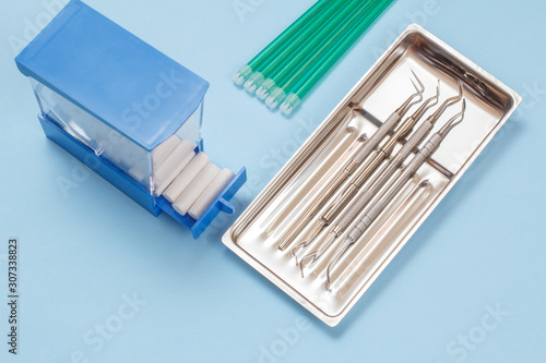 Set of metal dental instruments for teeth dental care