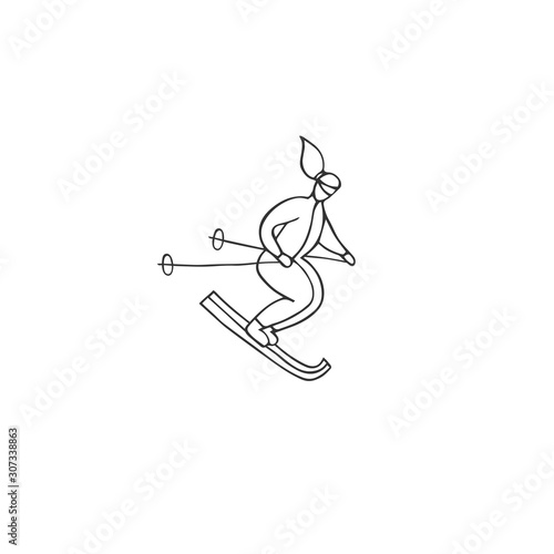 A skier woman. Vector hand drawn logo element. For professional sport or outdoor activities. Active way of life.