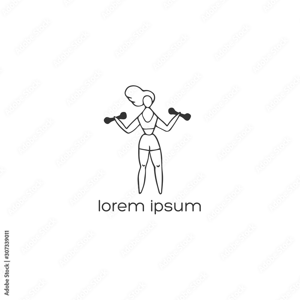 In the gym. Vector hand drawn logo template, a woman with dumbbells. Sports, active way of life.