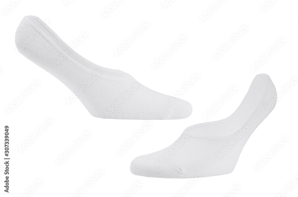 Blank white cotton sport short socks on invisible foot isolated on white background as mock up for advertising, branding, design, front side, side view, template.