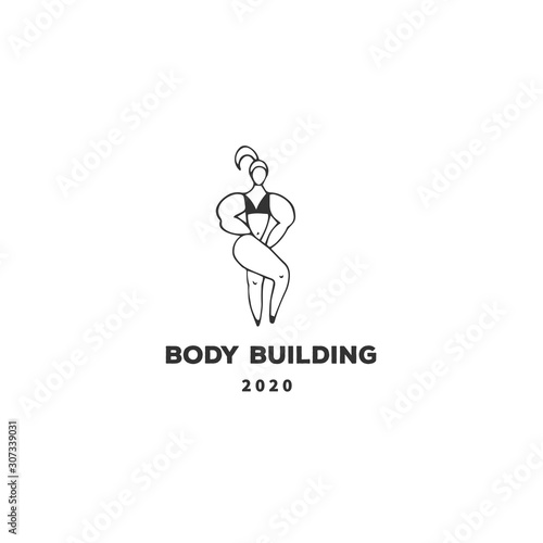 Sports, active way of life. In the gym. Vector hand drawn logo template, a bodybuilder woman.