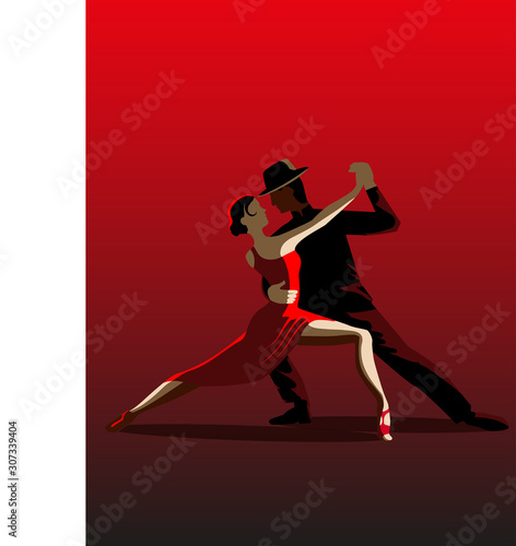 Beautiful couple dancing tango. A woman in a red dress and a man in a black suit and hat. Illustration in red and black color. © Юлия Прыкина