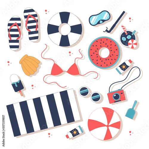 Summer beach elements top view vector set isolated on a white background.