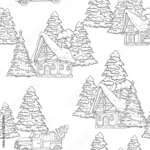 Seamless pattern with Christmas village, Christmas trees and car