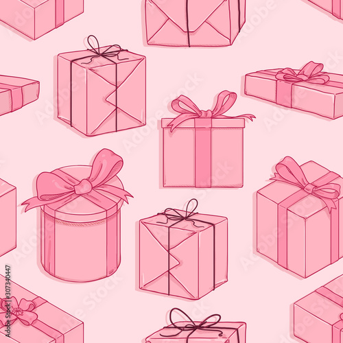 Vector Seamless Pink Pattern of Cartoon Giftboxes